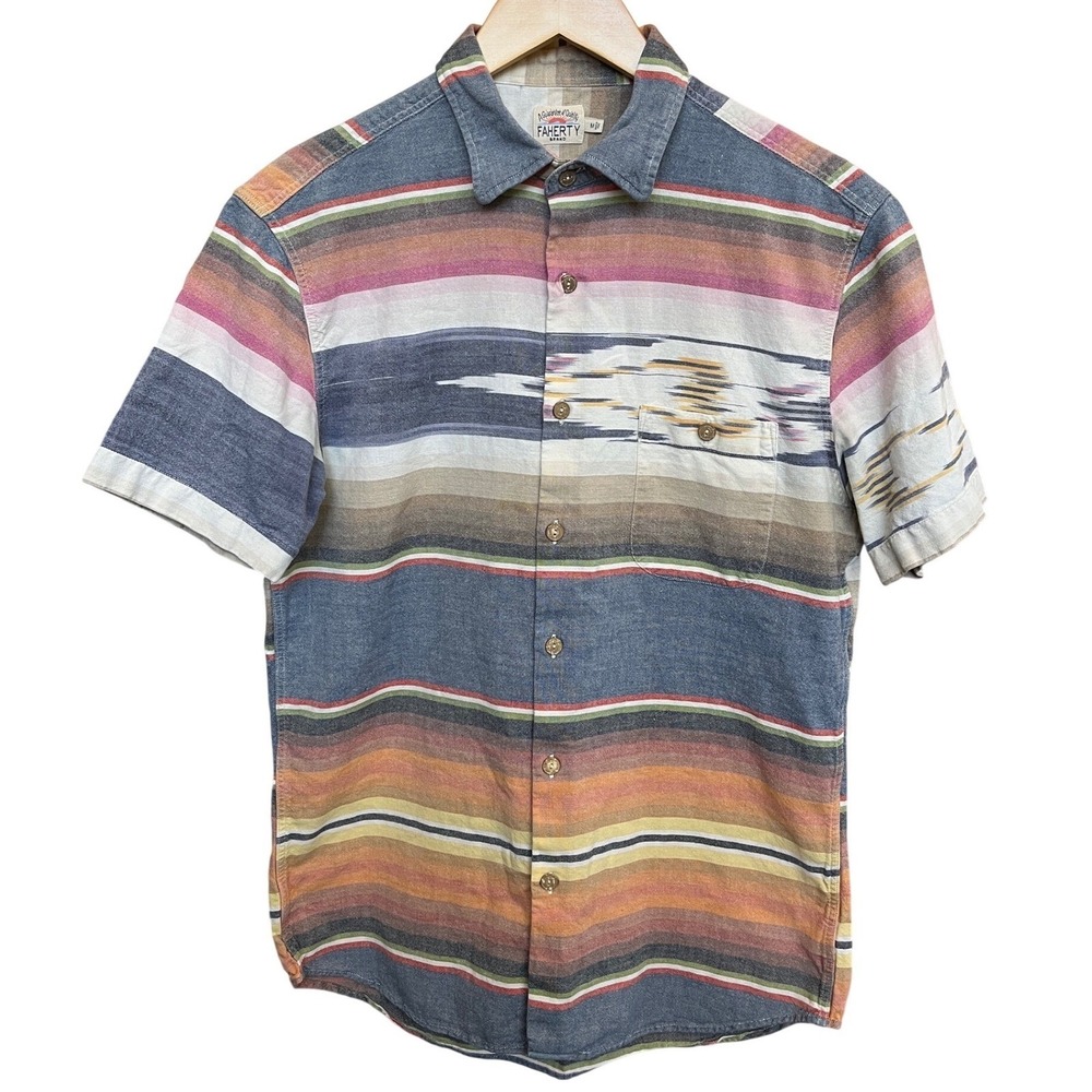 Faherty Brand Mens Medium Short Sleeve Button Down Shirt Ikat Stripe Multi Color